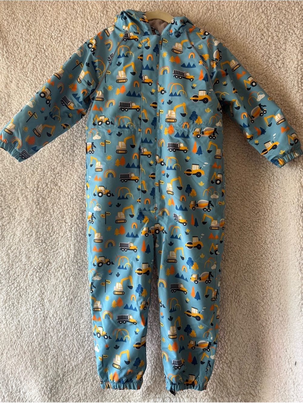 Jan & Jul Kids 3T Blue Construction Print Fleece-lined Hooded Rain Suit